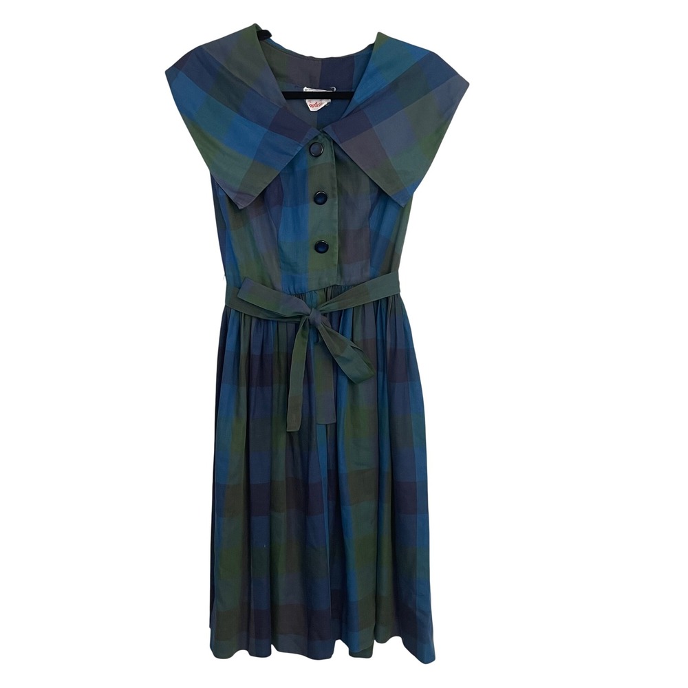 Vintage Tammy Andrew Plaid Shawl Collar Midi Dress Blue Green 1950s Fit Flare
